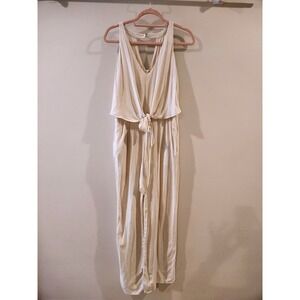 Elle Rae Women's Jumpsuit Tie Front Natural Beige Beachy Boho Pockets Size L